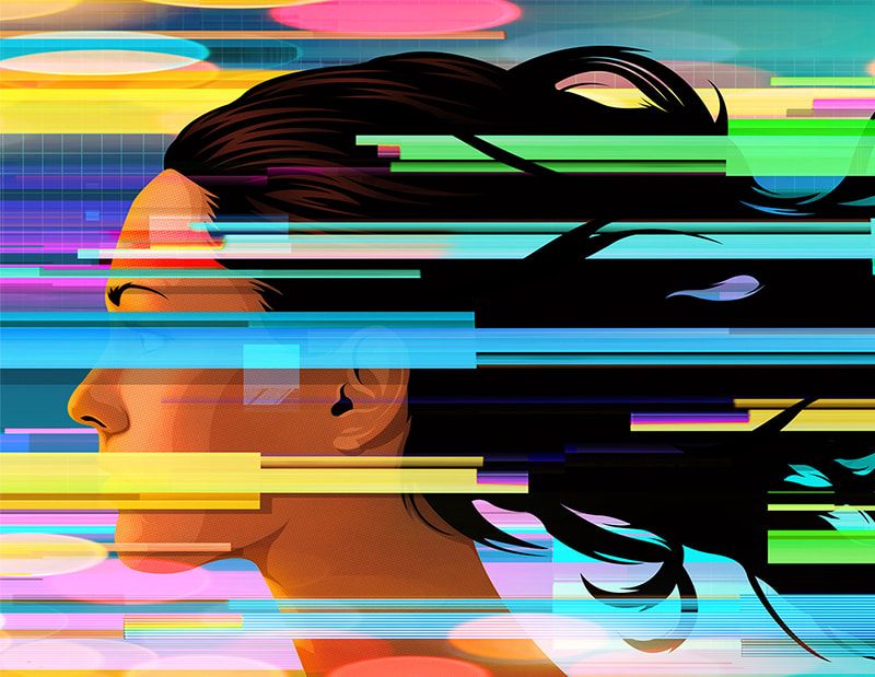Colourful illustration of woman’s side profile with hair flowing behind her